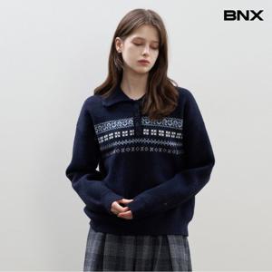 [BNX]패턴 자수 카라넥 긴팔 니트 (BX3KP013L0)