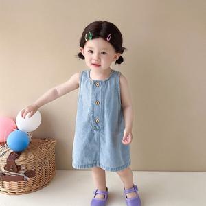 [조이멀티]U트임 연청 민소매 아동 데님 원피스(90-110) 205414