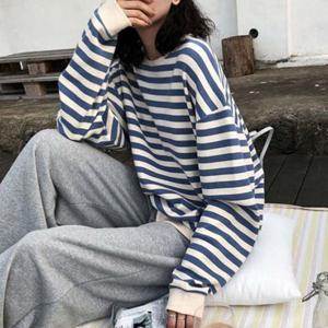 편안한 핏 여성 가을 긴팔 라운드넥 루즈 박스 티셔츠