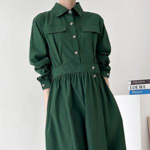 샵앤) 여성 단추 셔링 밴딩 롱 원피스 CAT-WDR-3828-딥그린