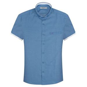 핀 도트 숏칼라 버튼다운 블루 반팔셔츠_SV7515