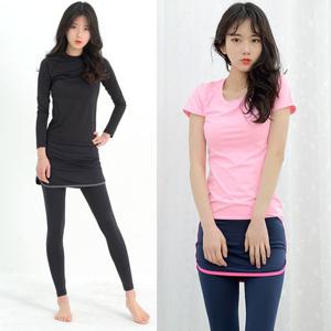 여성용 요가 스포츠 레쉬가드 9부 치마 레깅스 하의