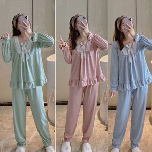 여성 여자 리본 레이스 상하의 스퀘어 카라 잠옷세트