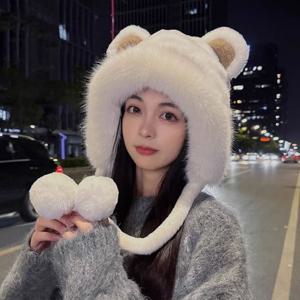 여자 러블리 퍼 트리밍 바라클라바 방한모자 곰돌이귀