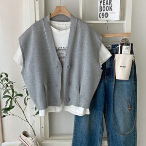 샵앤) 여성 Y단추 루즈핏 레이어드 데일리 캐주얼 니트 조끼 DGB-WVS-4330-그레이