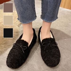 여성 겨울철 따뜻한 털 느낌 리본 매듭 데일리 로퍼