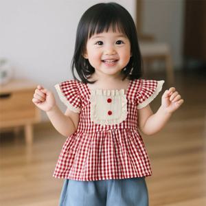 [조이멀티]레드체크 여아동 나시 프릴 블라우스 205777