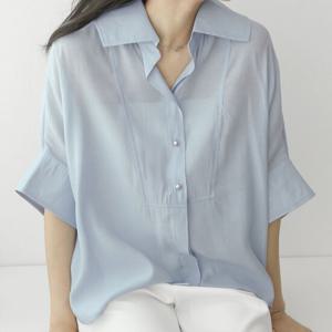 샵앤) 여성 카라넥 럭셔리 루즈핏 시스루 반팔 블라우스 CAT-WBL-4412-네이비