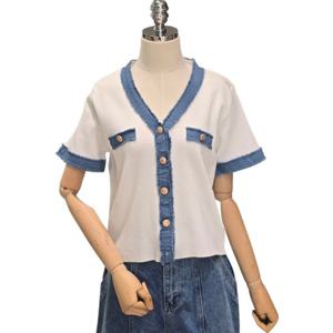 [포커스]데님 배색 브이넥 반팔 가디건 (FM5E3KC3256)