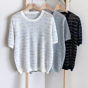 [다잇템]여자 비스코스 U넥 투컬러 반소매 줄무늬 니트