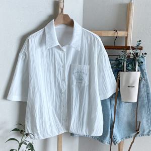 샵앤) 여성 카라넥 돗단배 자수 바스락 반팔 셔츠 블라우스 BONG-WBL-4502-화이트