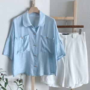 샵앤) 여성 카라넥 샤틴 빅포켓 여름 5부 블라우스 JR-WBL-4521-스카이블루