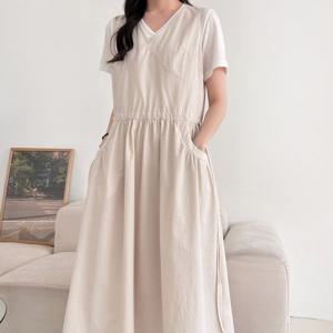 샵앤) 여성 V넥 허리끈 민소매 레이어드 롱 원피스N NYS-WDR-4481-연베이지