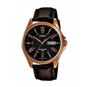 카시오 MTP-1384L-1A 남성 라운드 아날로그 가죽 손목 시계