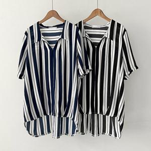 나야홍 / 빅사이즈배색블라우스 P455L506 레이노카라줄지블라우