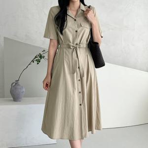 샵앤) 국산 여성 정장 카라넥 허리끈 앞단추 미디 원피스 REI-WDR-4655-네이비