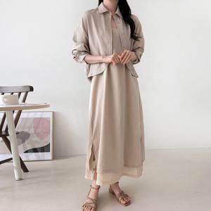 샵앤) 여성 끈나시 레이어드 안감 배색 하늘 롱 원피스 NYS-WDR-4693-베이지