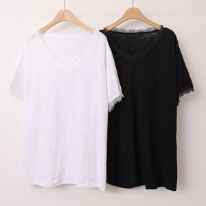 나야홍 / 빅사이즈레이스티 U698L507 네이밍브이넥망사티셔츠 W