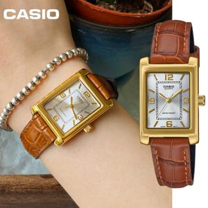 카시오 토노 금장 사각 여자 가죽 손목시계 LTP-1234GLL-7A