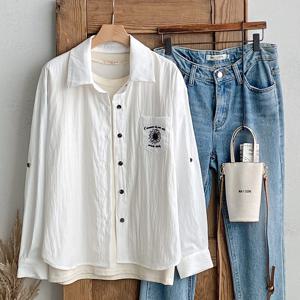 샵앤) 여성 카라넥 롤업 꽃자수 간절기 블라우스 DGB-WBL-4741-화이트