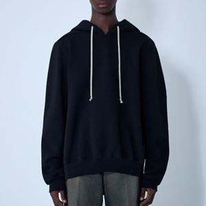 25 FW 릭오웬스 롱슬리브 리브 트림 코튼 플리스 후드 스웨트셔츠 블랙 RU02E1281 JTC 09