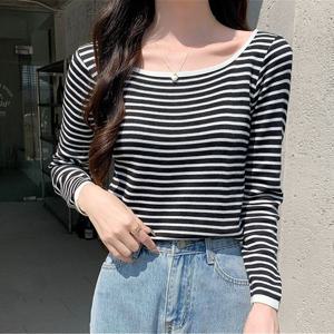 U넥 단가라 스트라이프 니트 긴팔 티셔츠 UFR-161853