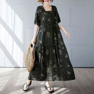 G126924_스퀘어넥 루즈핏 린넨 프린트 롱원피스