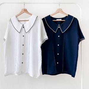 나야홍 / 빅사이즈반팔블라우스 V057L508 포인트배색라인블라우