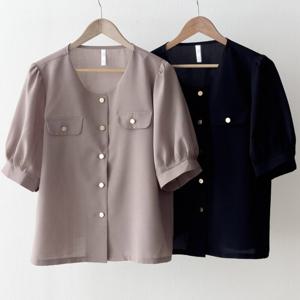 나야홍 / 빅사이즈반팔블라우스 V083L508 노카라금단추블라우스