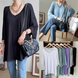 RA 데일리 의류 빅사이즈여성의류 오버핏 실키무지브이넥반팔티 (T805H504)