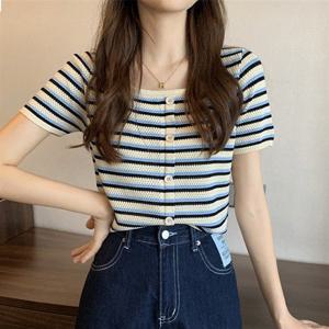 버튼 의류 반팔 니트 티셔츠 데일리 여성 LK-T024 3컬러 단가라