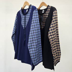 나야홍 / 빅사이즈티 S881L508 프릴리본체크배색긴팔티 MN