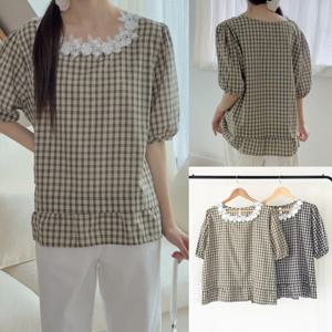 나야홍 / 위쉬몰 GO 꽃펀칭카라체크블라우스(V134H508) 빅사이