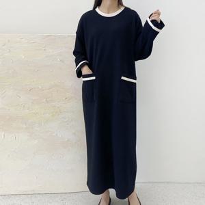 샵앤) 국산 여성 라운드 포켓배색 임부 롱원피스 LL-WDR-4848-블랙