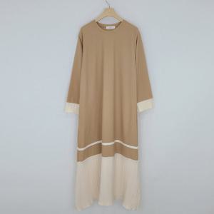 샵앤) 국산 여성 라운드 배색주름 임부 롱원피스 LL-WDR-4852-베이지