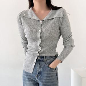 샵앤) 여성 페미닌 슬림 넥라인 골지 니트 가디건 NYS-WCD-4802-그레이