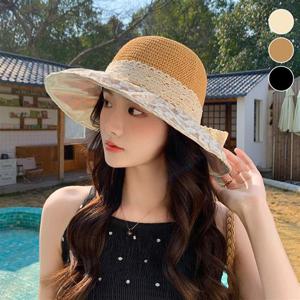 왕골모자 여성 비치모자 잔꽃무늬 레이스 리본포인트