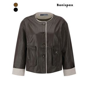 [보니스팍스]라운드넥 배색 레더 자켓 (XP9JK010M0)