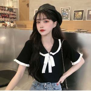 여성 데이트룩 카라 리본 반팔티 하객룩 반팔티셔츠