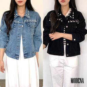 [H2.모데나] ★최초가79900원★ 카라 진주 포인트 데님 자켓