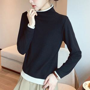 나바바 / NT3090 여성 배색 포인트 벨벳 반폴라 긴팔 티셔츠