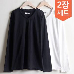 2장set 빅사이즈여성의류 30수 브이넥 긴팔티셔츠 1+1