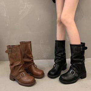 [쏭스마켓]레더 버클 통굽 미들 부츠 0134