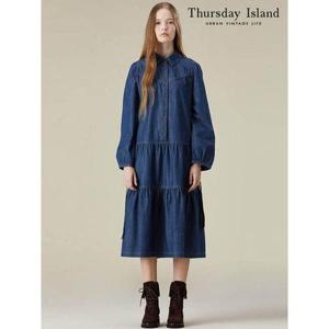 [써스데이아일랜드]셔링 티어드 데님 원피스(T236MOP304W)