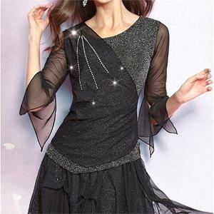 [셀러허브_여성트랜드패션]까르죠아 실버 반짝이 나팔 소매 블라우스 댄스복