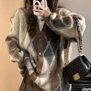 [프리티 글라라]여성 가디건 간절기 오버핏 아가일 니트 카디건 wg-05 (39098649)