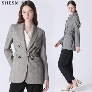 [쉬즈미스]벨티드 체크 더블 재킷