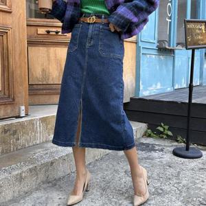 여자 겨울 기모 스판 앞포켓 앞트임 데님 롱스커트 청치마