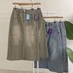 허니제이 / 리모브 데님 절개 플레어 뒷트임 롱 스커트