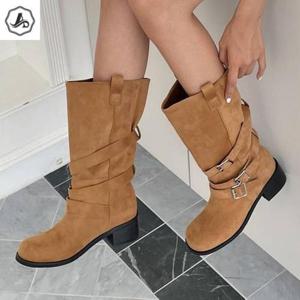 [애슬릿] 미들 부츠 웨스턴 슬라우치 버클 스트랩 통굽 여성